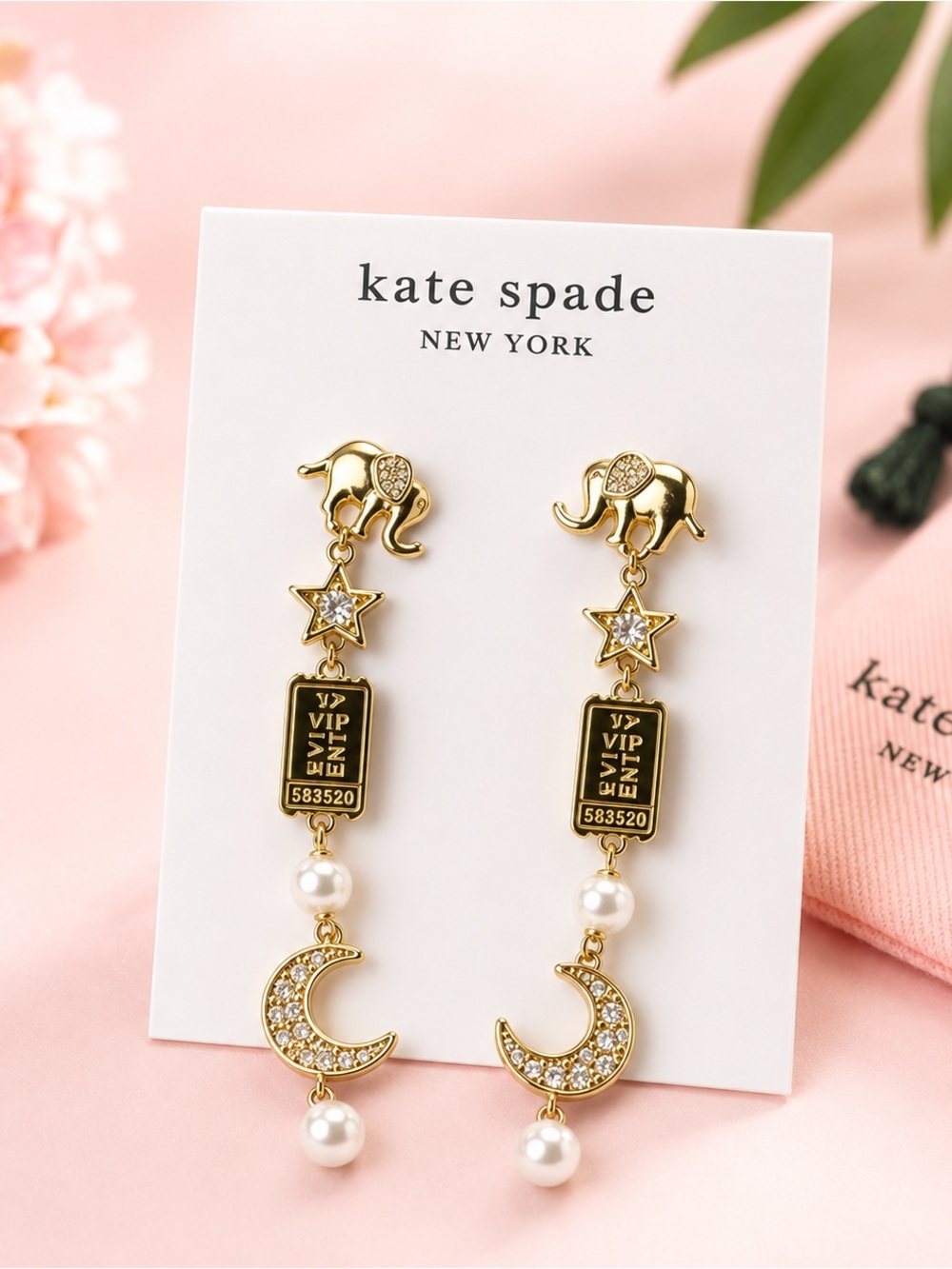 kate spade gold-tone Elephant, Star & Moon Drop Earrings with Pearls - Pink